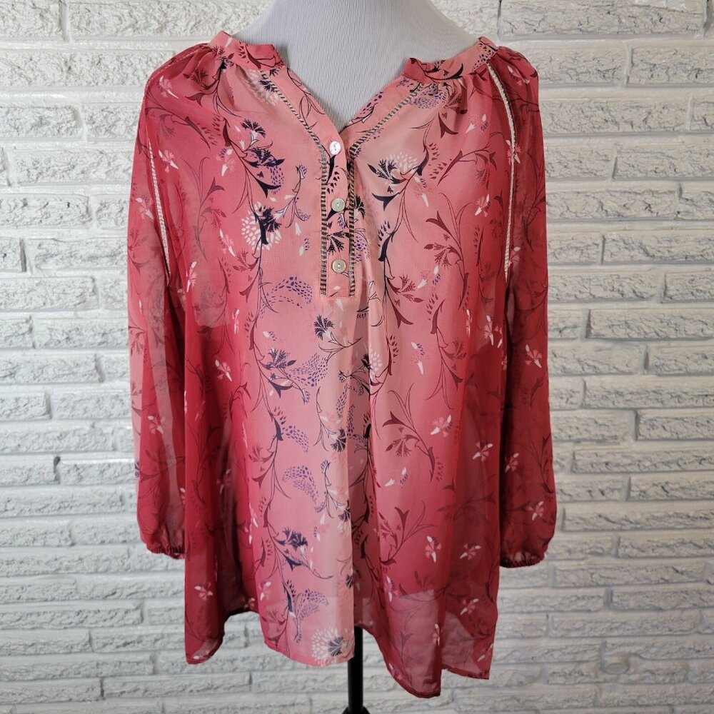 Style Co Women Top Extra Large XL Long Sleeve Red Pink Floral FLO267E